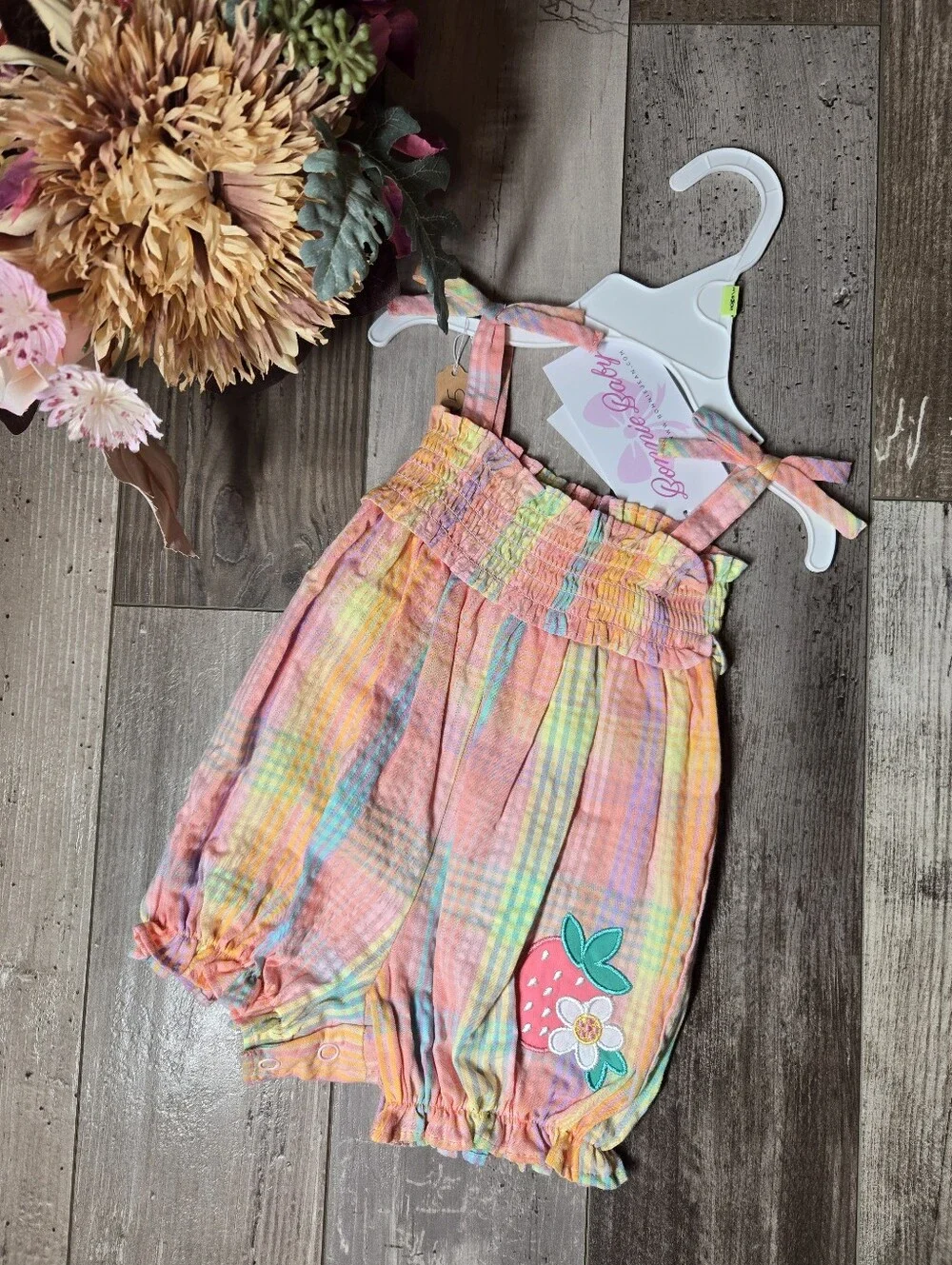 NWT Bonnie Baby Pastel Plaid Strawberry Bubble Romper 3–6M